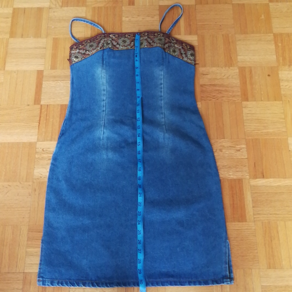 Vintage Blue Denim Slip Dress with Paisley Trim - Picture 9 of 10